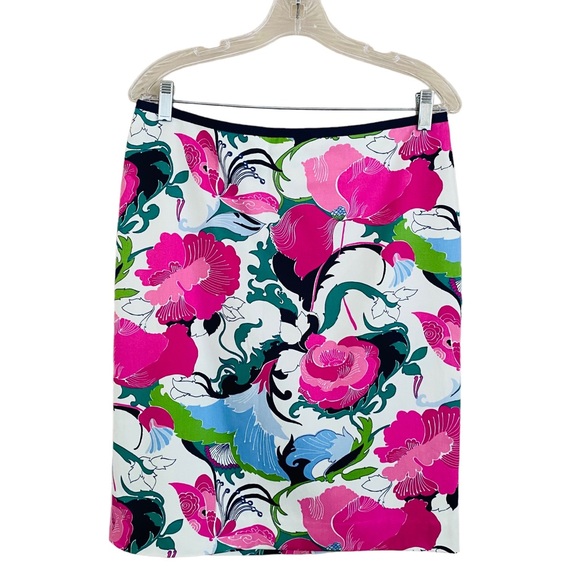 Talbots NWT Navy & Pink Colorful Floral Summer Ready Classic Pencil Skirt Sz 10 - Picture 2 of 8